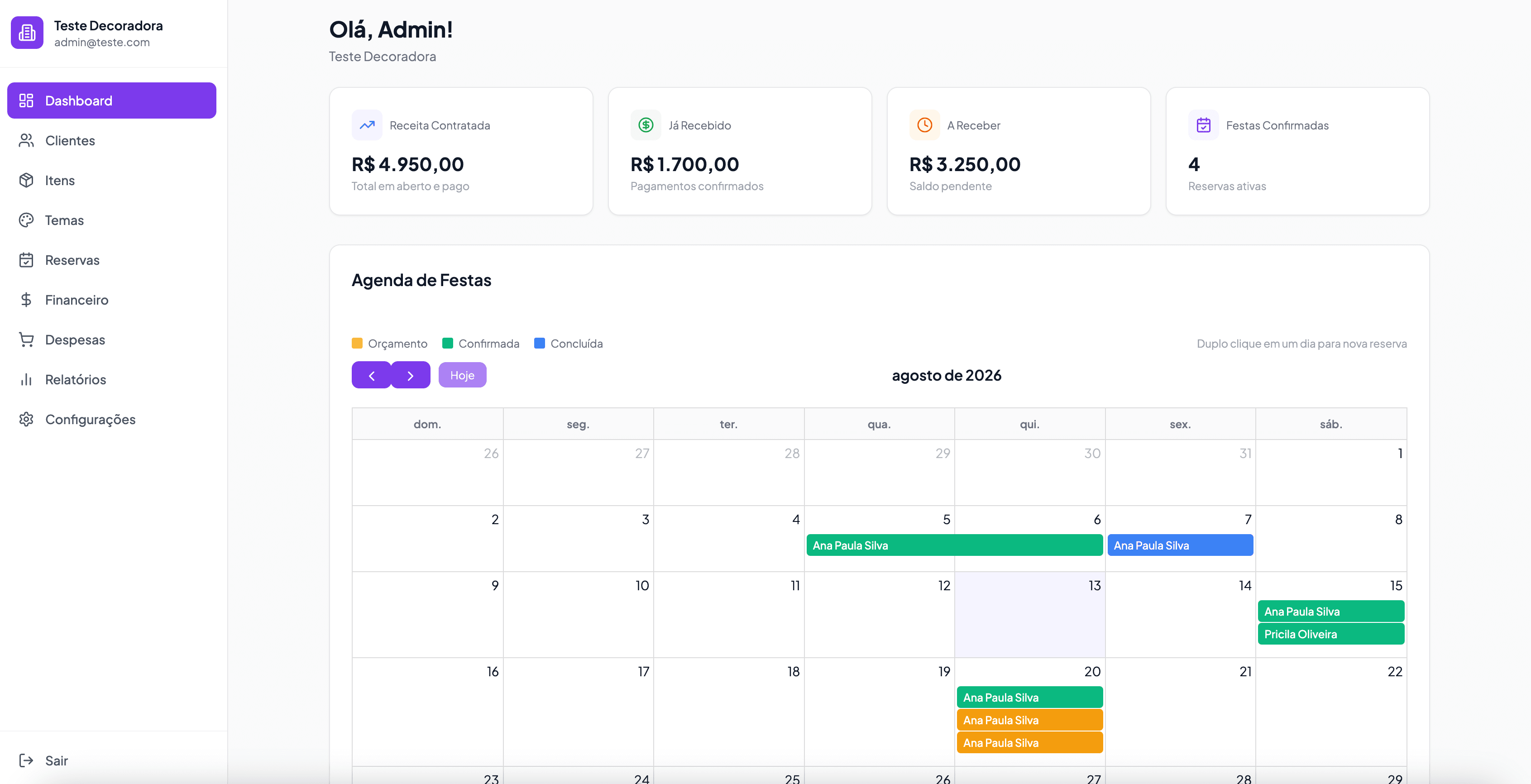 Interface do sistema Começa Bem Festas